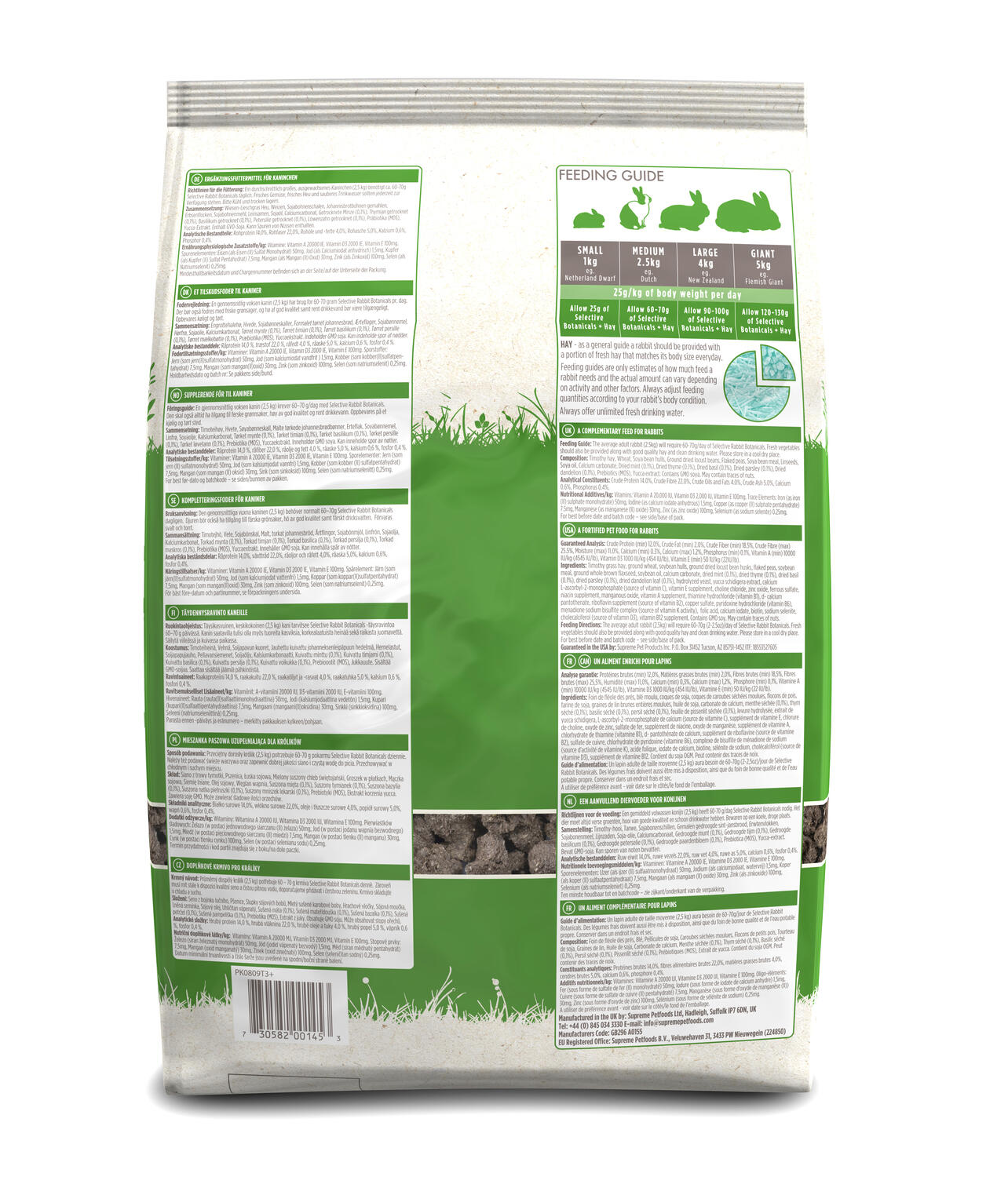 The back of a Selective Naturals Botanicals Rabbit Food bag, featuring a feeding guide with portion recommendations based on rabbit size, along with detailed product information in multiple languages. The green and white packaging design highlights the natural ingredients and nutritional benefits of the food. A barcode and company details are visible at the bottom.